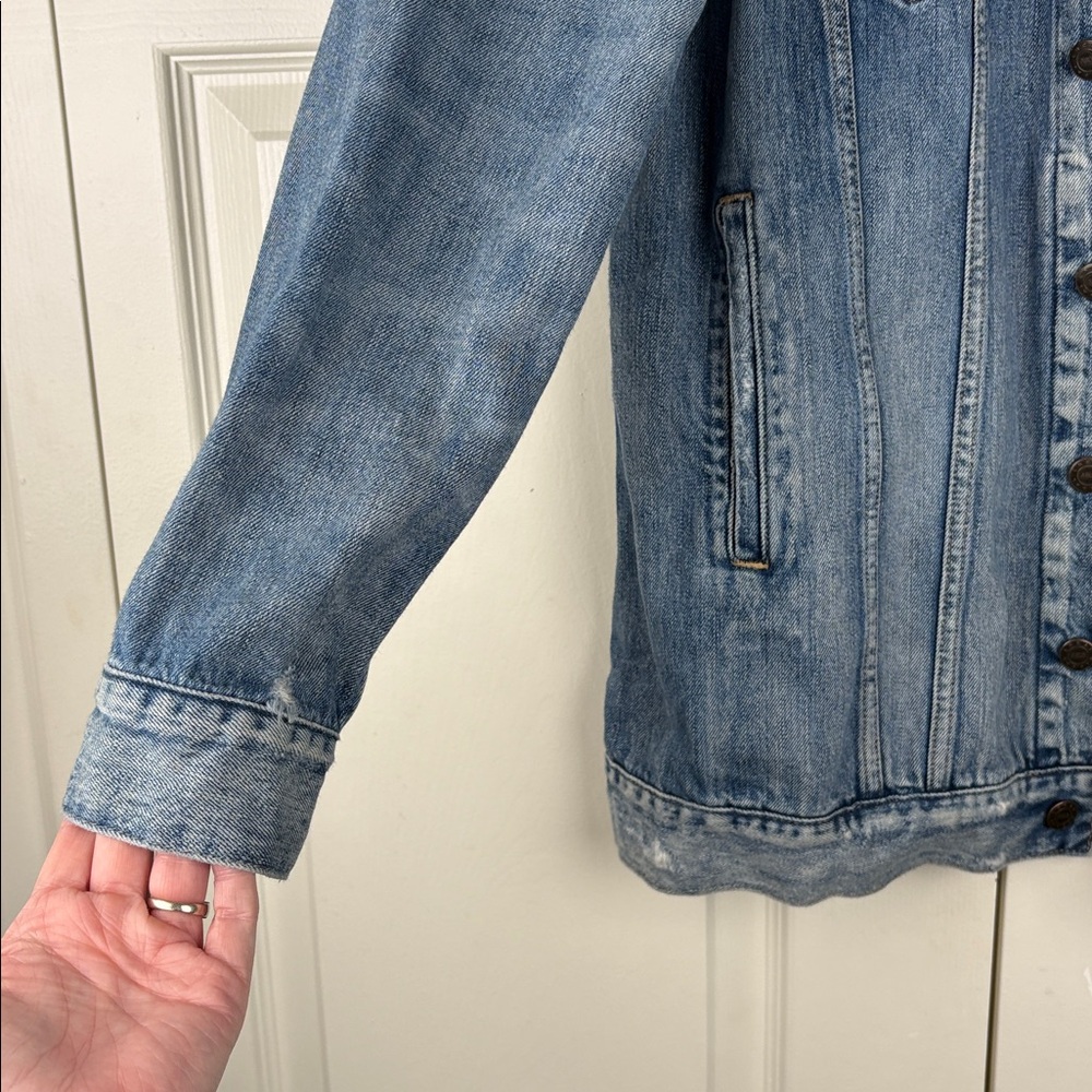 ABLE Merly Denim Distressed Medium Wash Jean Jacket Sustainable Brand Size Med - Picture 6 of 10